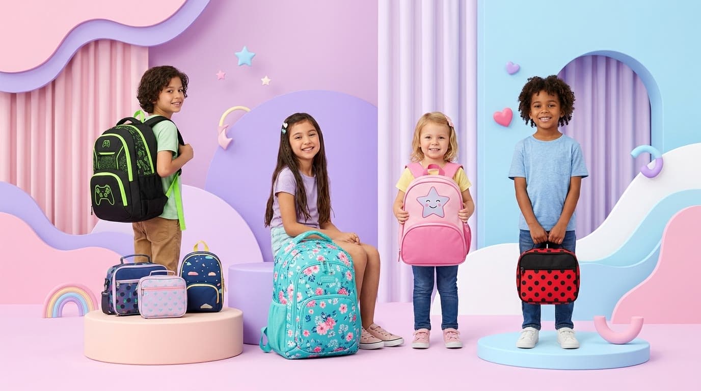 Kids smiling with their new backpacks and lunch bags